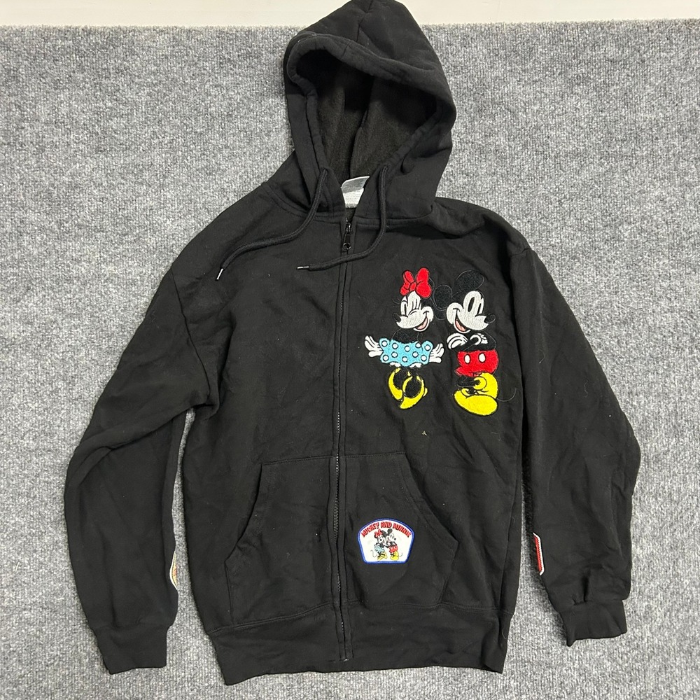 Disney Hoodie Womens XS Black Mickey Minnie Mouse Embroidered Zip Up Fleece Rip